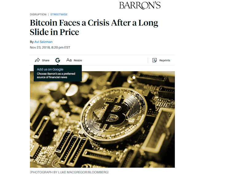 Barron's: Bitcoin Faces a Crisis After a Long Slide in Price